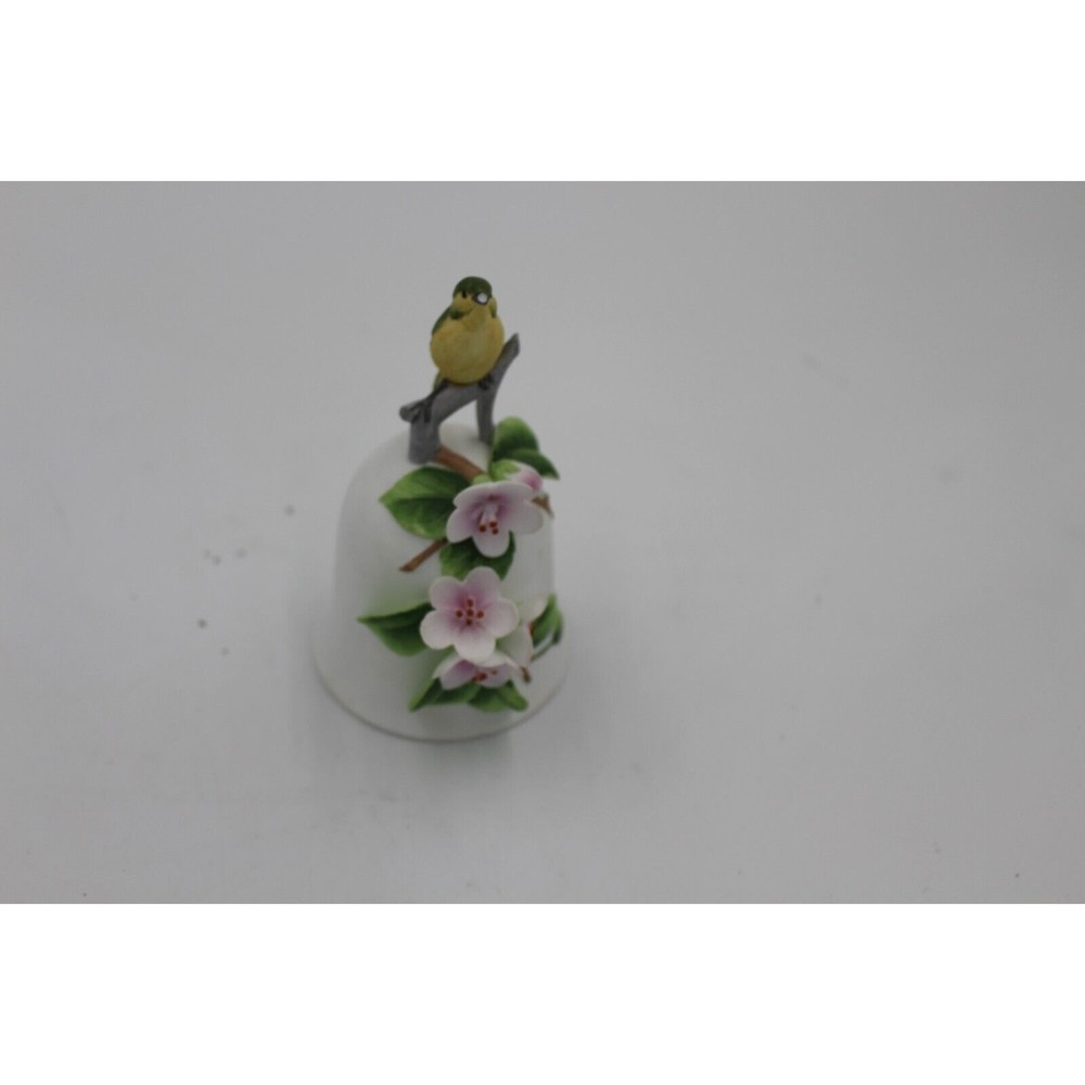 Otagiri  Japan bell bird on branch trailing violet green leaves bisque porcelain